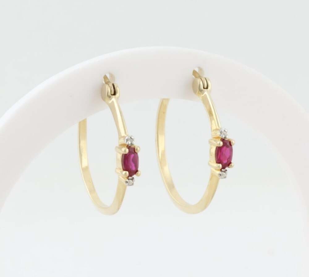 18k Gold Over Sterling Silver Lab Created Ruby & Diamond Hoop Earrings 1" Hoops
